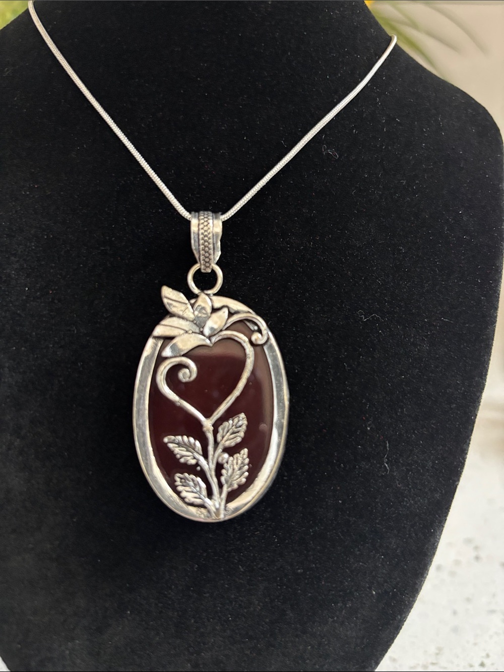 Silver Floral Heart Red Garnet Oval Gemstone Pendant Necklace